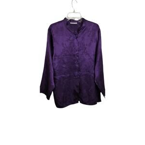 3938)Erika Taylor Intimates Purple Satin Button Down Long Sleeve Top Size XL